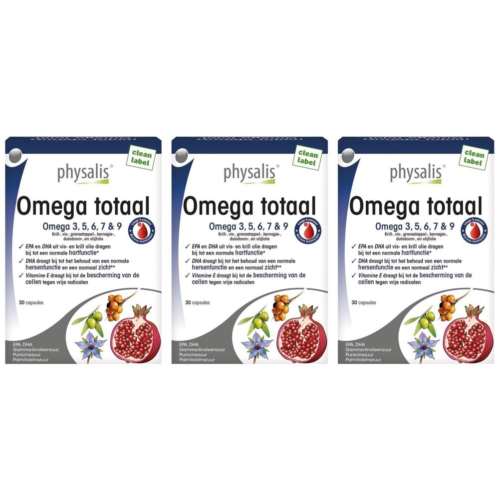 Drie dozen Physalis® Omega Totaal. Blauw-witte verpakking met productnaam en informatie. Illustratie van granaatappel en bessen.