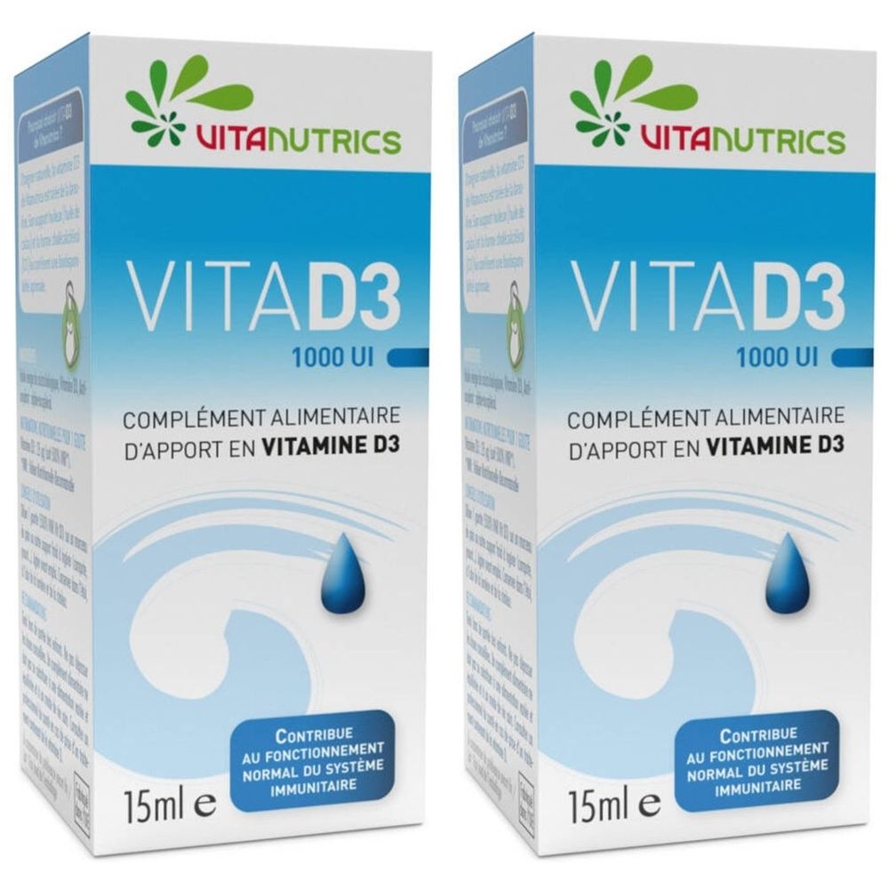 Twee dozen Vitanutrics Vita D3 1000 UI. Blauw-witte verpakking met productnaam en druppelsymbool. Bevat 15 ml.