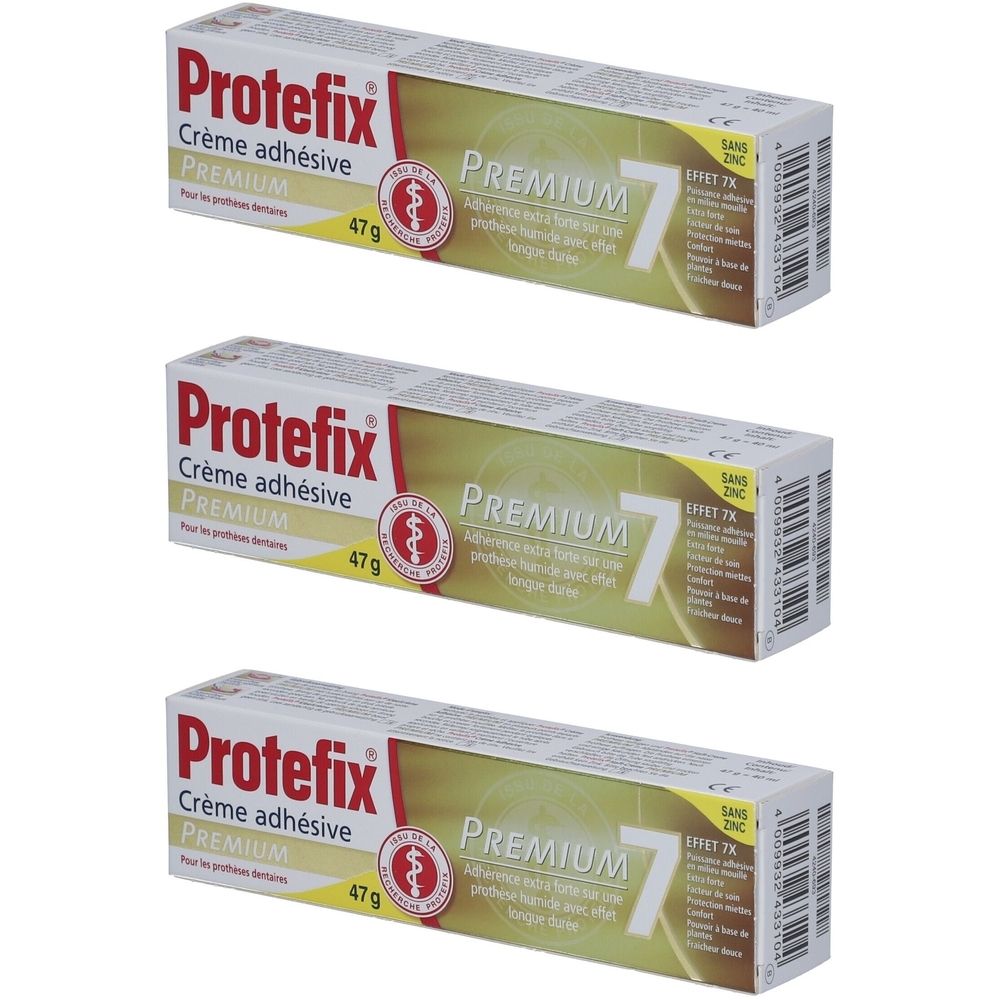 Trois tubes de Protefix Crème adhésive Premium. Inscriptions : Premium, 7, 47g, sans zinc. Texte rouge et blanc sur fond blanc.