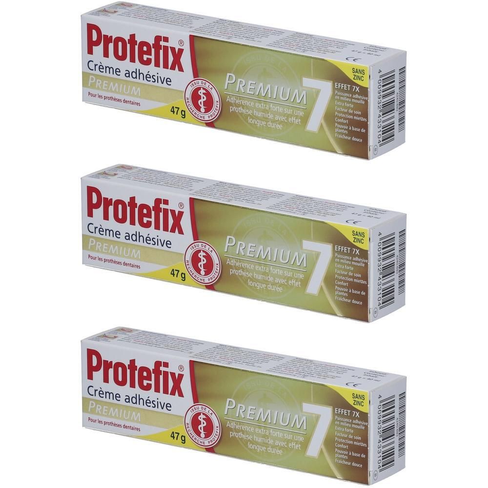 Drie tubes Protefix® Haft-Creme PREMIUM. Witte tubes met rode en gele tekst. Opschrift: PREMIUM 7, 47g.