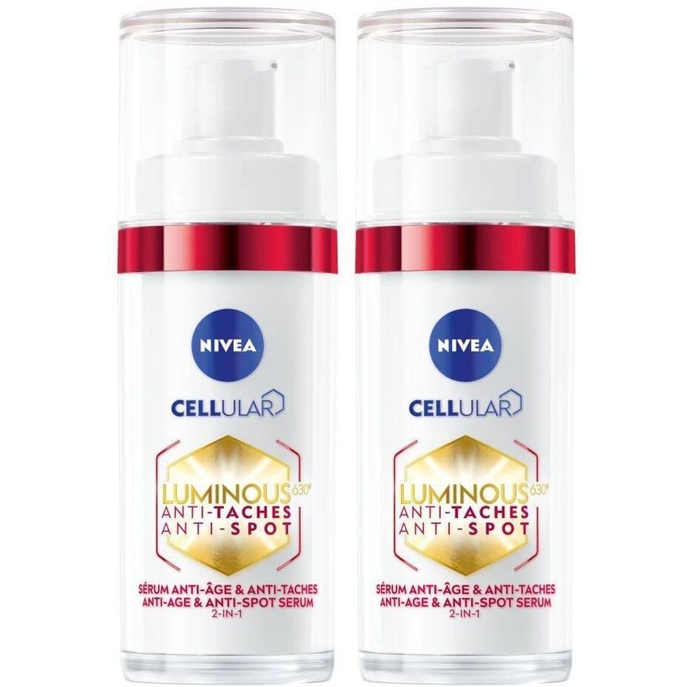 Twee flacons Nivea Cellular Luminous 630° serum. Witte flacons met rode band en transparante dop. Tekst: Anti-Taches, Anti-Spot.