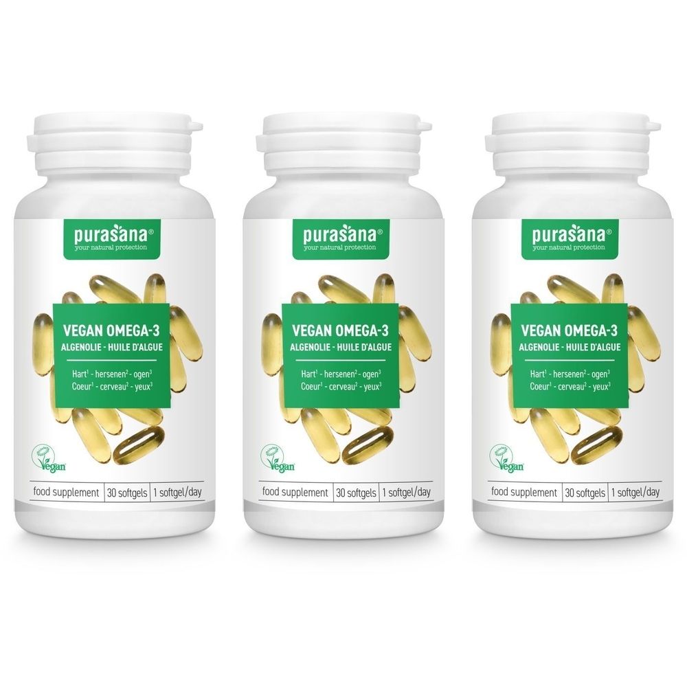 Trois flacons blancs avec des gélules et une étiquette. L'étiquette indique "VEGAN OMEGA-3" et la marque "purasana".