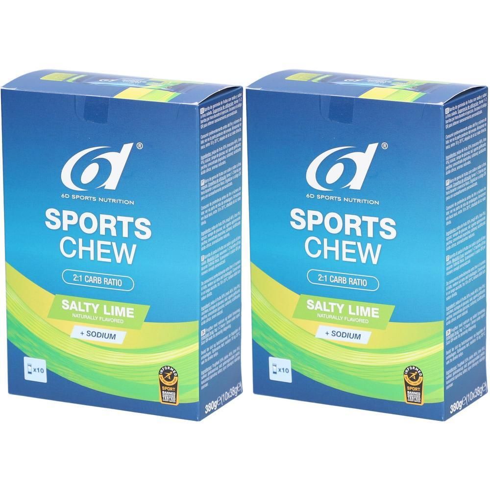 Deux boîtes de "6D Sports Nutrition Sports Chew". Emballage bleu avec nom et logo du produit. "Salty Lime" et certification.
