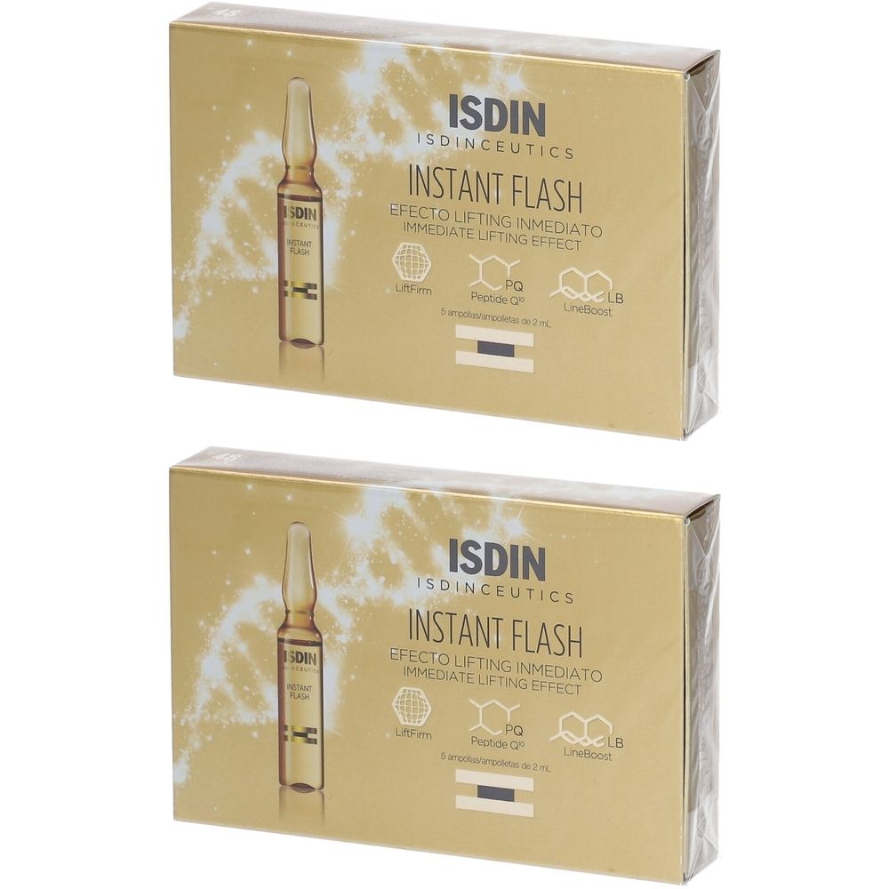 Twee goudkleurige dozen met productnaam en ampul. Opschrift: ISDIN Instant Flash, direct liftend effect.