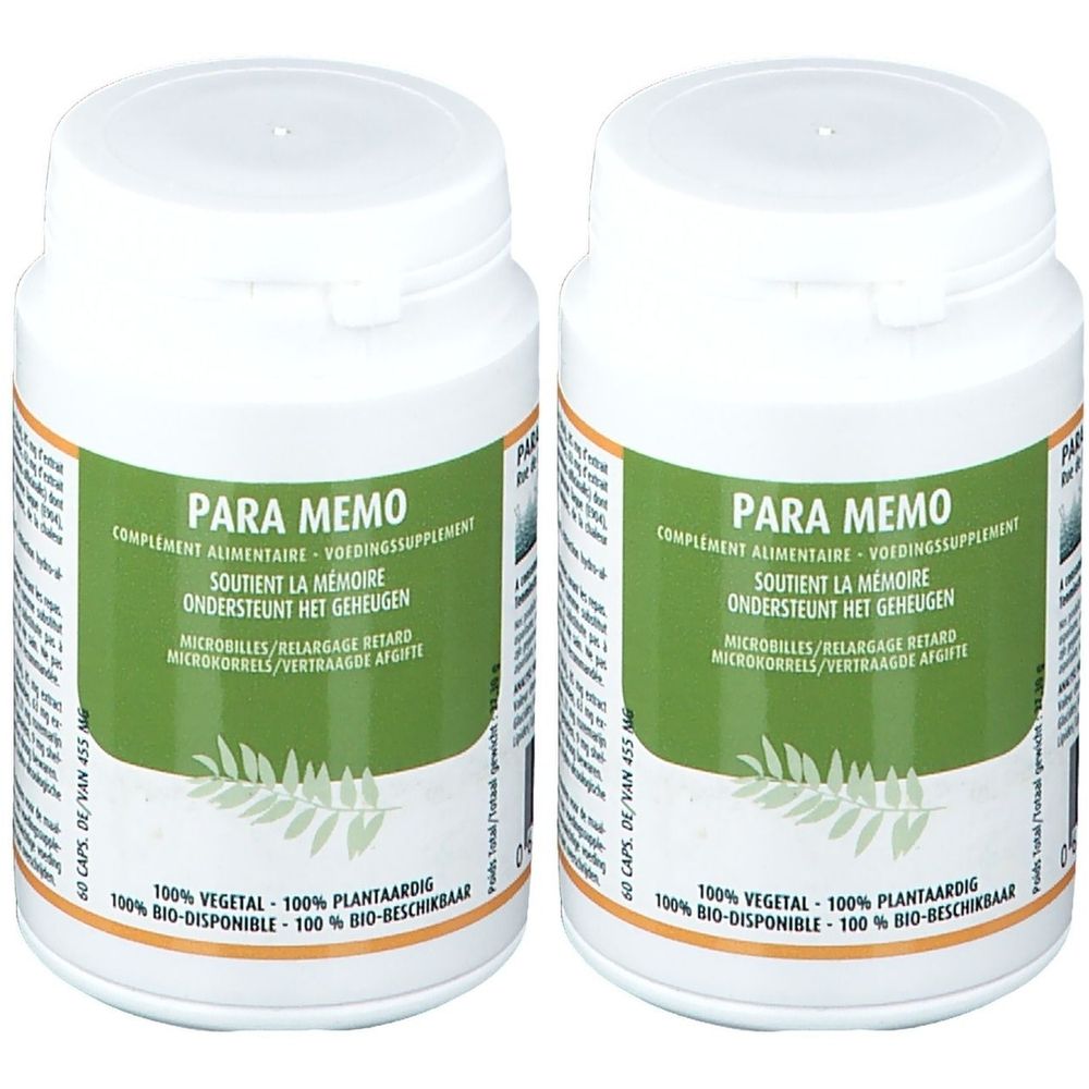 Twee witte flessen met deksels. Opschrift: Para Memo. Groen-witte etiketten met tekst in meerdere talen. 60 capsules.