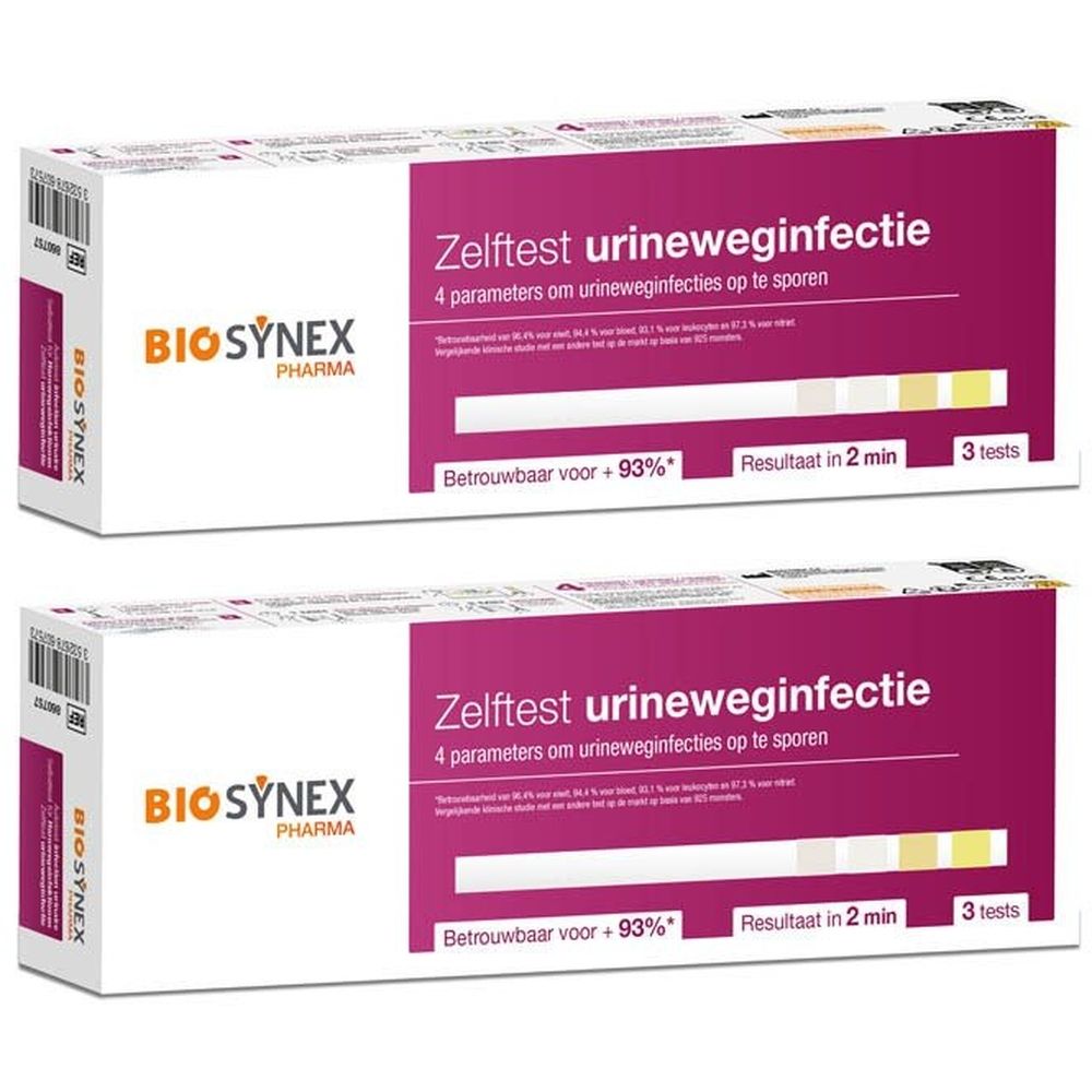 Verpakking met urinetest. Opschrift: Zelftest urineweginfectie. Merk: BIOSYNEX.