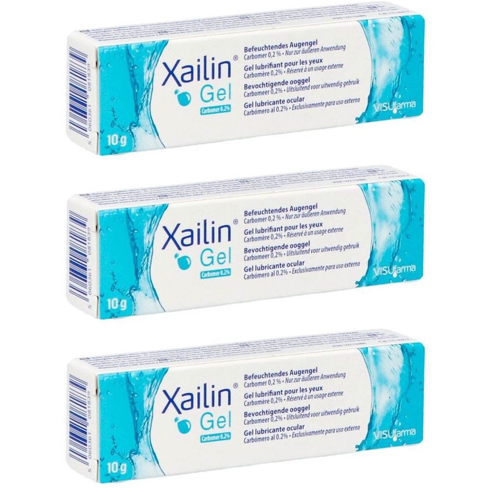 Trois boîtes de Xailin Gel, Carbomer 0,2%. Emballage bleu et blanc avec nom et texte du produit. 10g.