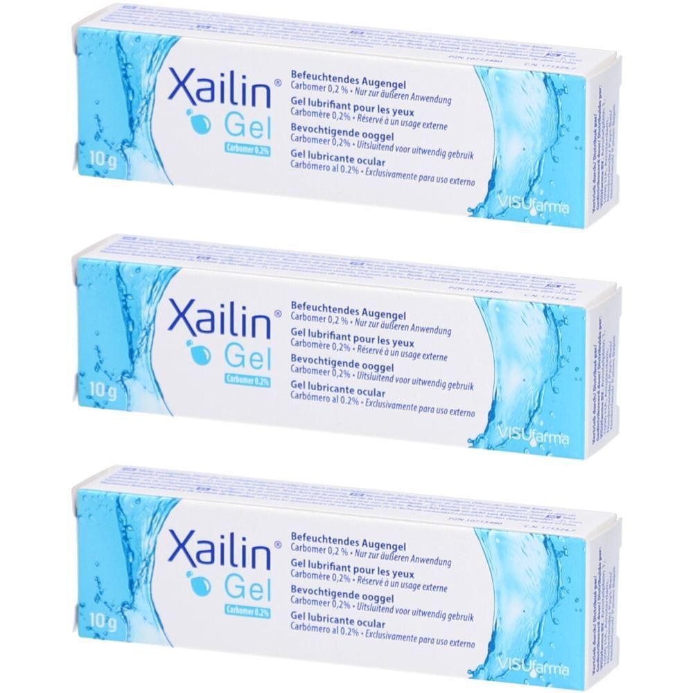Trois boîtes de Xailin Gel, emballage bleu et blanc. Inscription: Xailin Gel, Carbomer 0,2%. 10g.