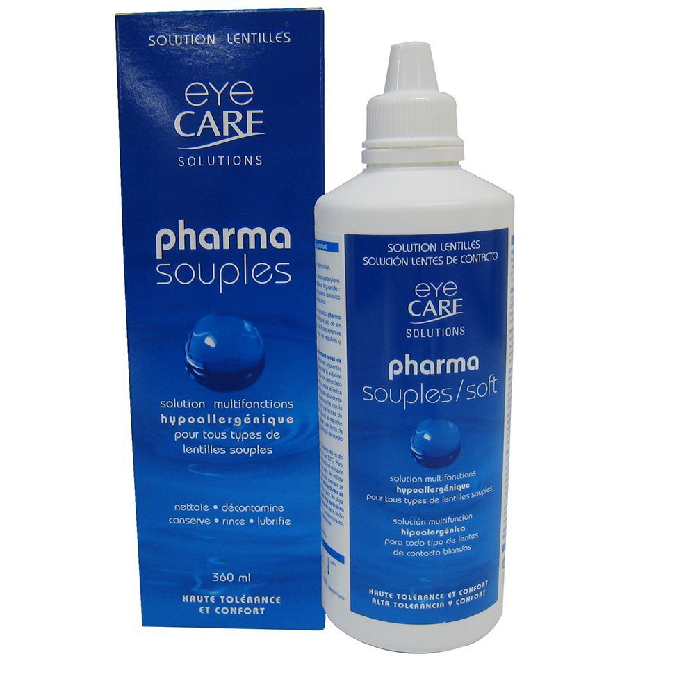 Een fles en een doos contactlensvloeistof. Witte container met blauw etiket. Tekst: Eye Care Solutions, Pharma souples/soft. 360 ml.