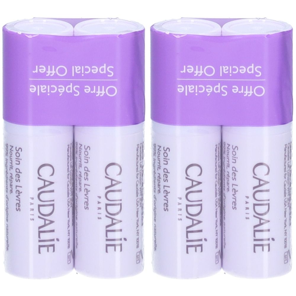 Deux duos de baumes à lèvres Caudalie. Chaque duo contient deux sticks blancs avec emballage violet. Inscription : Caudalie, Soin des Lèvres, Offre Spéciale.