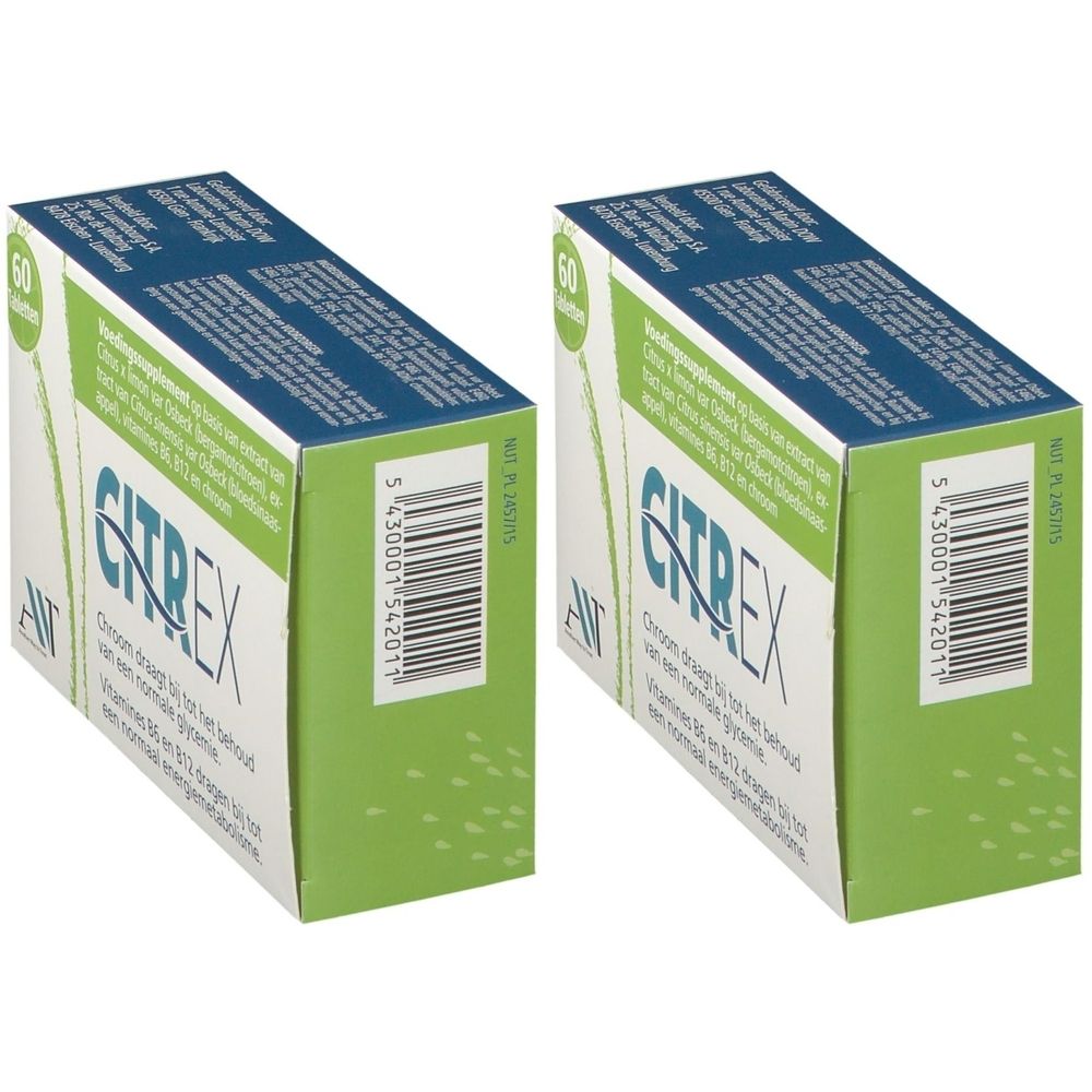 Deux boîtes Citrex. Design vert et blanc avec couvercle bleu. Inscription Citrex et 60 comprimés. Code-barres et texte sur le côté.