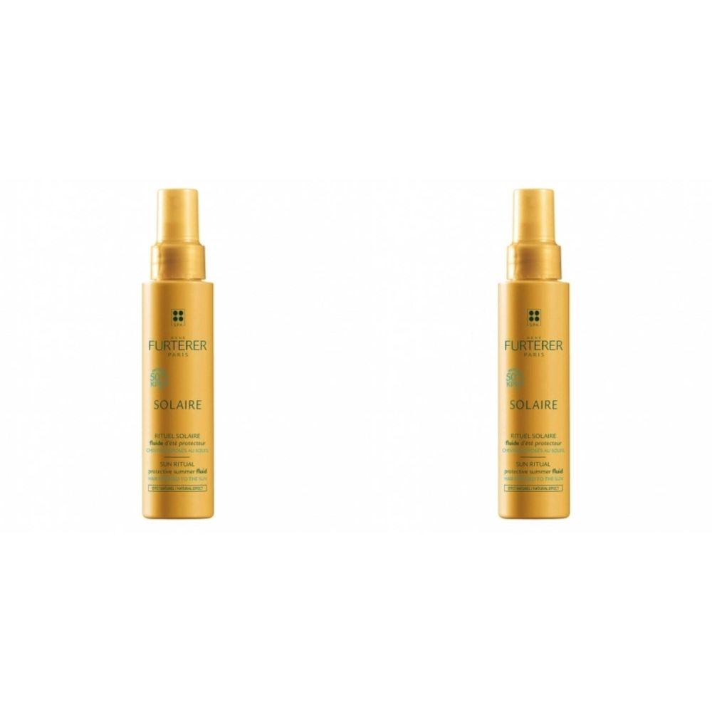 Twee goudkleurige spuitflessen. Op elke fles staat "FURTERER PARIS" en "SOLAIRE".
