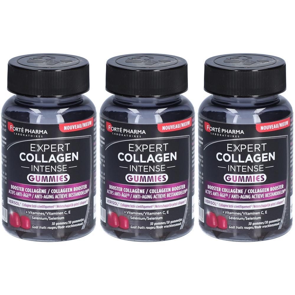 Drie flessen FORTE PHARMA Expert Collagen Gummies. Zwarte doppen, etiketten met tekst. Rode gummies zichtbaar.