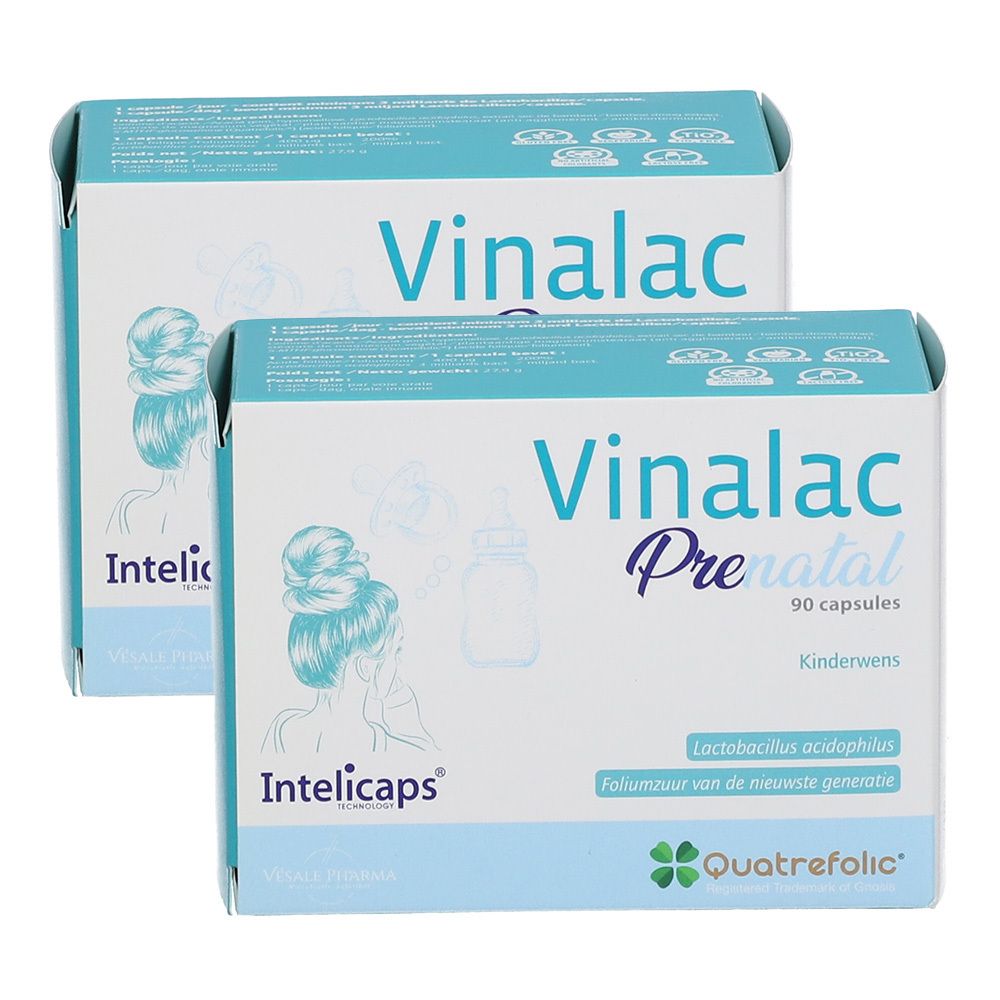 Twee dozen Vinalac Prenatal. Opschrift: 90 capsules, Intelicaps, Quatrefolic. Lichtblauwe achtergrond.