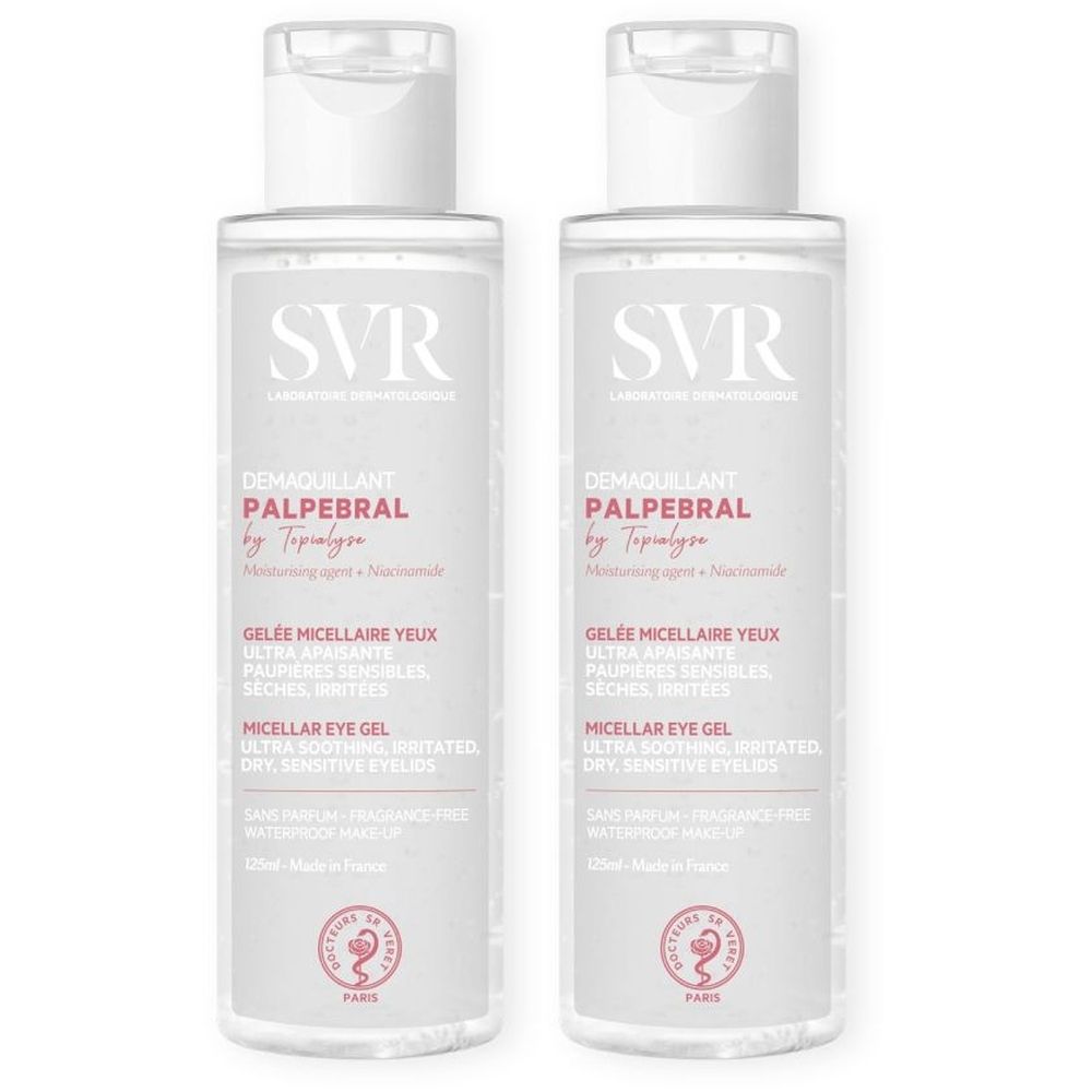 Twee flessen SVR Démaquillant Palpébral by Topialyse Gelée Micellaire Yeux. Witte flessen met witte dop en etiket.