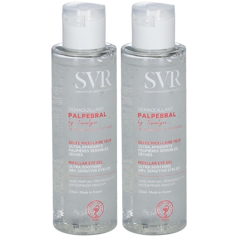 Twee flessen oogmake-up remover. Transparante gel in doorzichtige flessen met witte doppen. SVR-logo en productnaam zichtbaar.