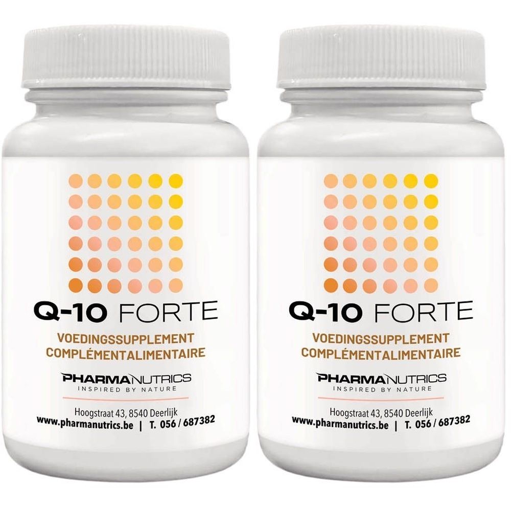 Twee witte flessen met schroefdop. Opschrift Q-10 FORTE, VOEDINGSSUPPLEMENT, COMPLÉMENTALIMENTAIRE. Merk PHARMANUTRICS.
