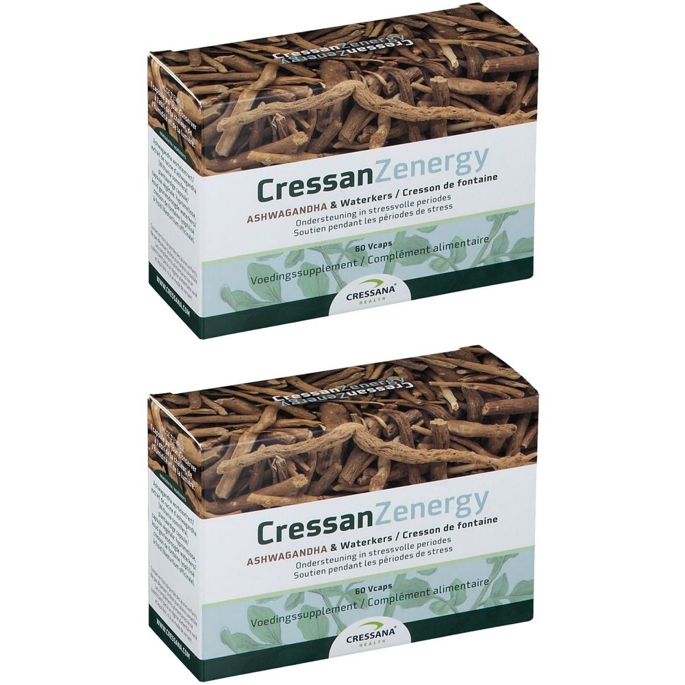 Twee dozen CressanZenergy. Opschrift: Ashwagandha & Waterkers. 60 capsules. Merk: Cressana.
