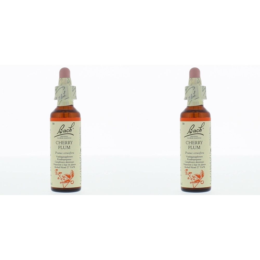 Twee bruine glazen flesjes met roze dop. Op het etiket staat "Cherry Plum" en de merknaam "Bach".