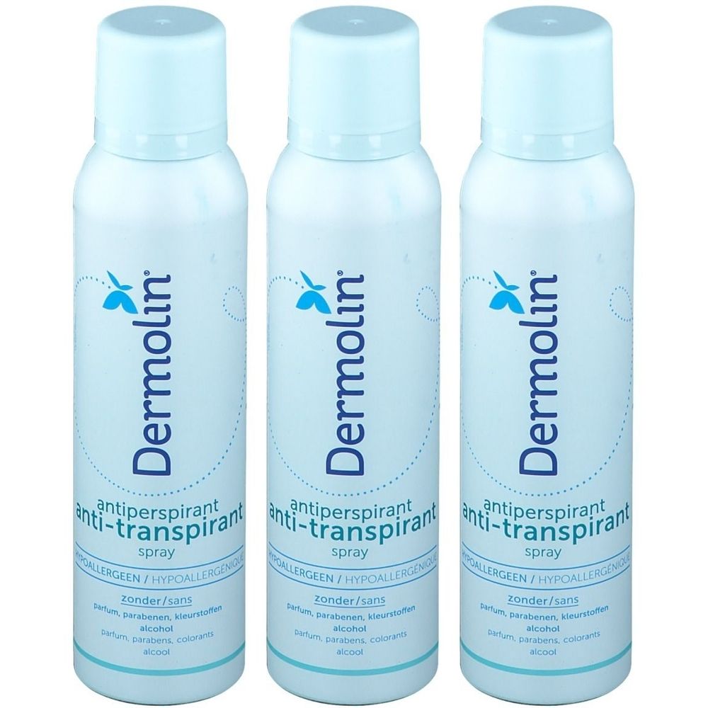 Drie witte spuitbussen met lichtblauwe dop. Opschrift: Dermolin, anti-transpirant spray. Hypoallergeen.