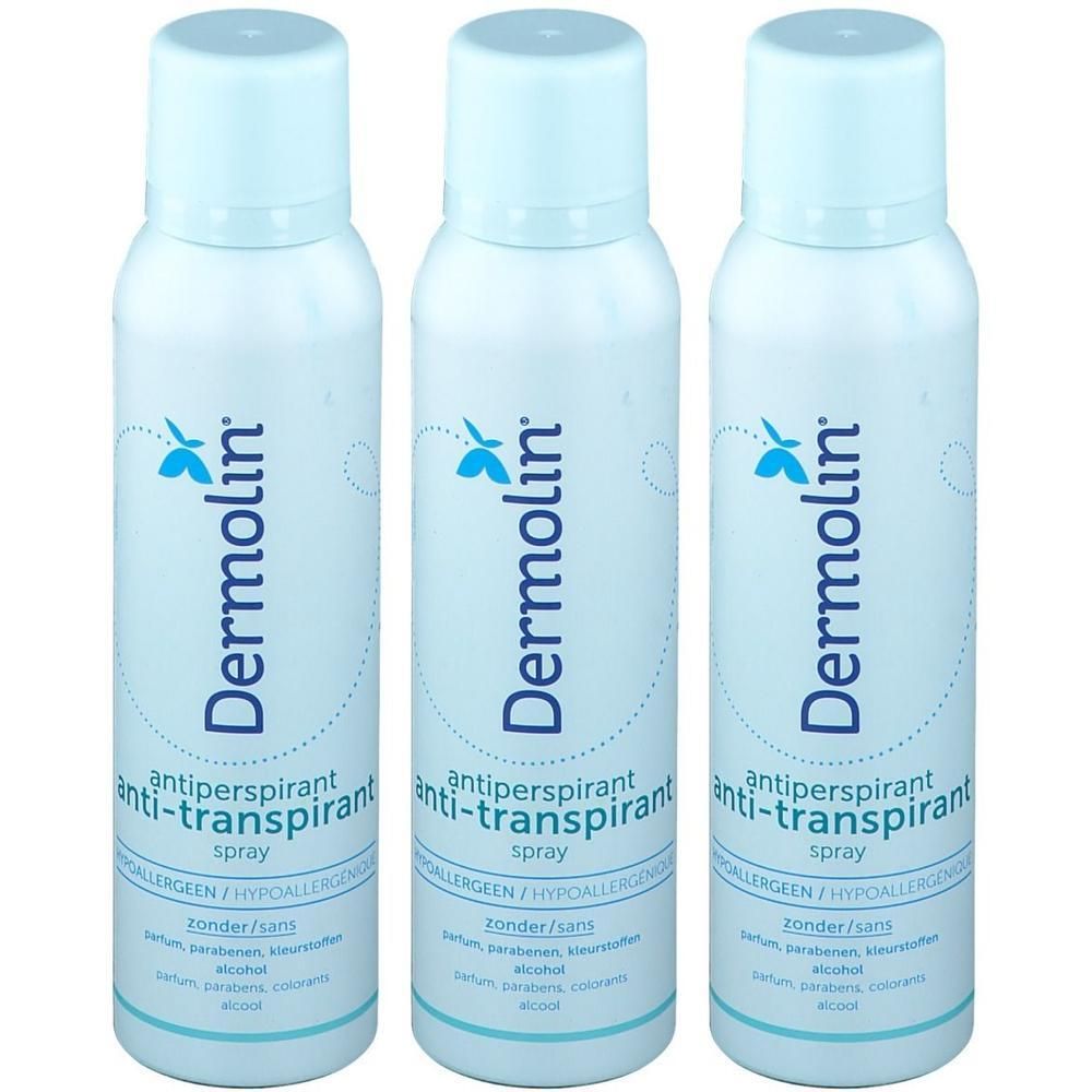 Trois sprays blancs et bleus. Inscription: Dermolin anti-transpirant spray. Hypoallergénique.