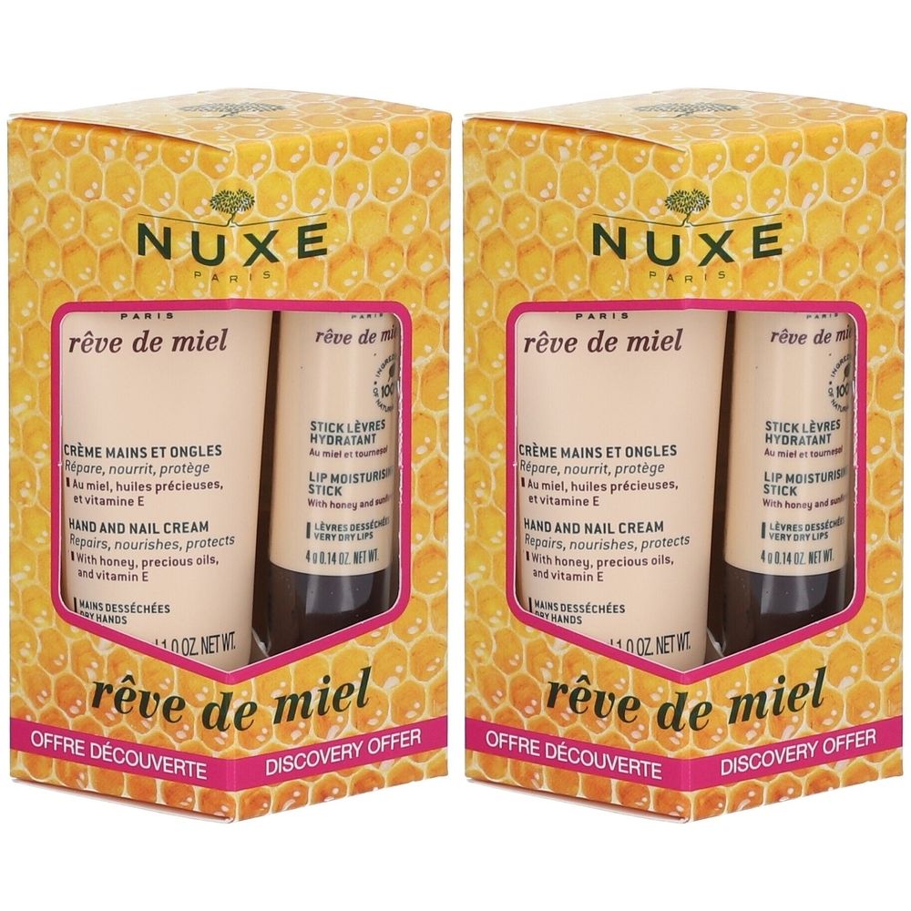 Deux coffrets Nuxe Rêve de Miel. Chaque boîte contient une crème mains et un stick lèvres. Emballage jaune avec motif en nid d'abeilles.