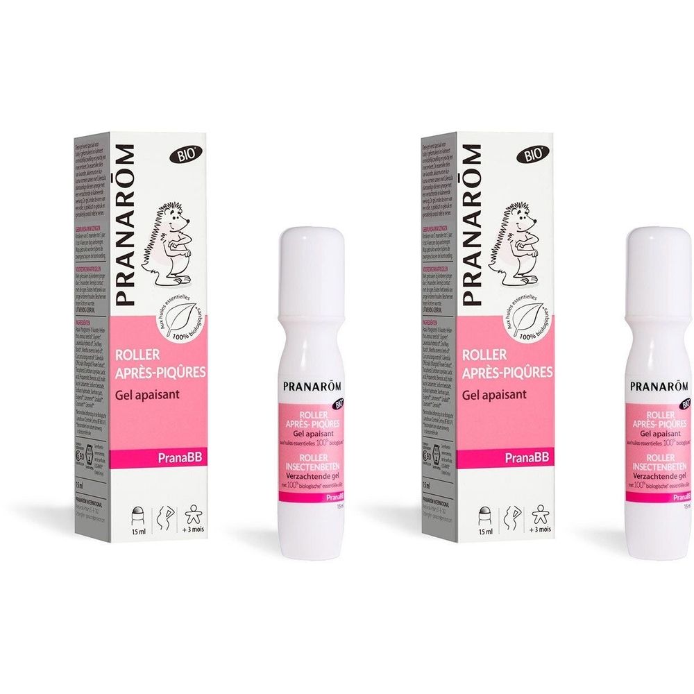 Pranarôm Roller et emballage. Certification Bio. Étiquette rose avec texte. Flacon de 15 ml.