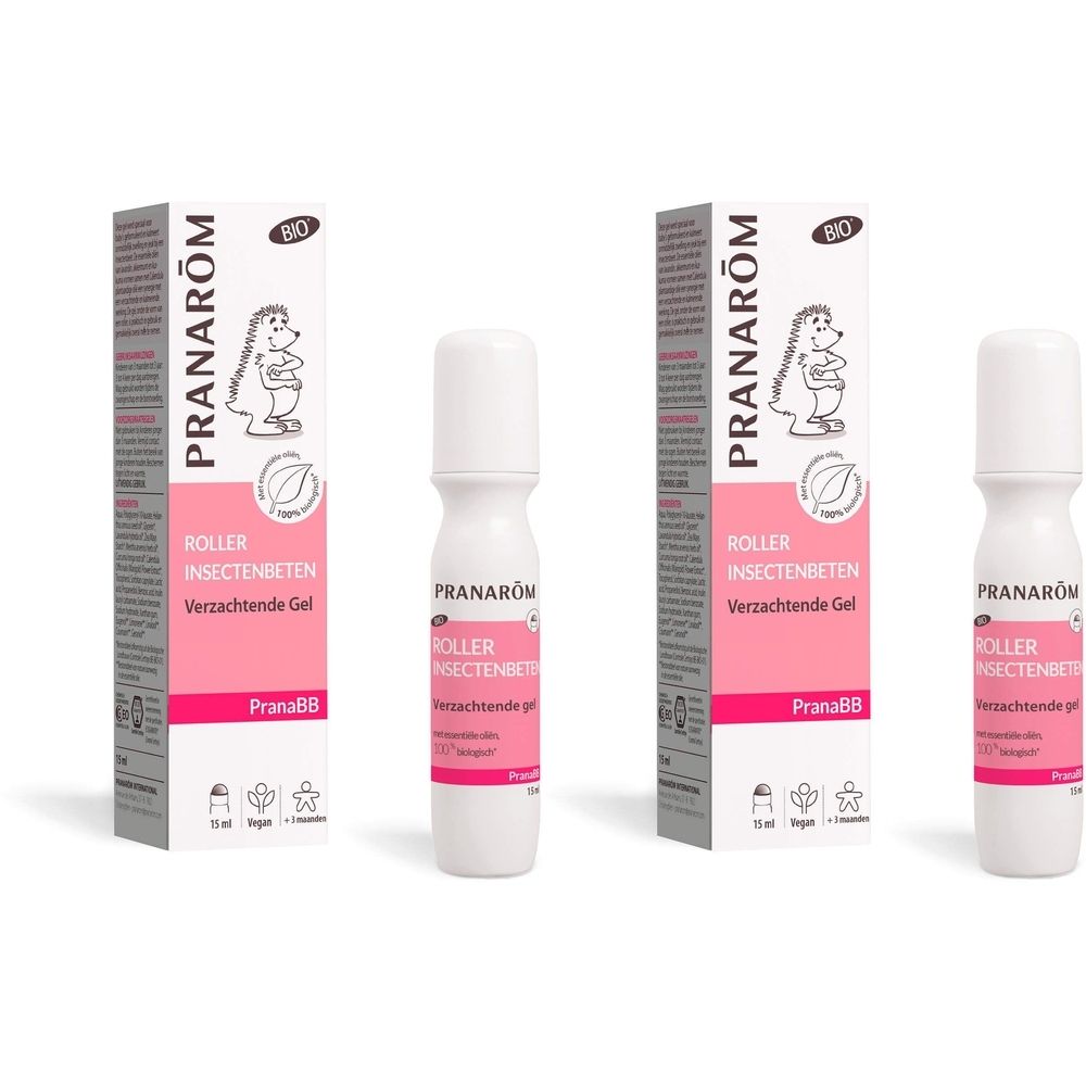 Pranarôm Roller en verpakking. Bio-certificering. Roze etiket met tekst. Flesje van 15 ml.