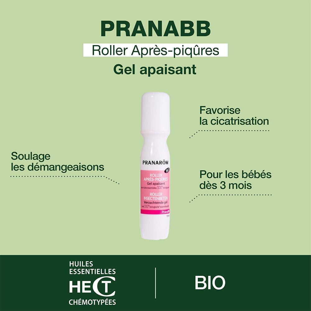 Deux roll-on Pranarôm PranaBB gel apaisant après-piqûres, emballés.