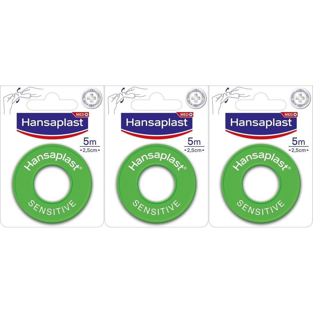 Trois rouleaux de pansement Hansaplast Med Sensitive, 2,5cm x 5m, en emballage. Vert et blanc. Logo et texte visibles.