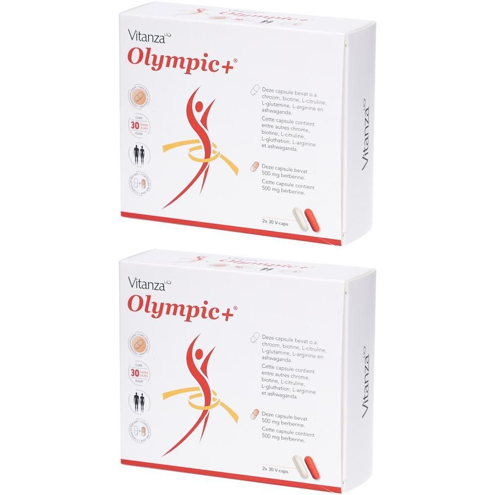 Twee witte dozen met "Vitanza Olympic+". Illustratie van persoon met gele band. 30 capsules, 500 mg berberine.
