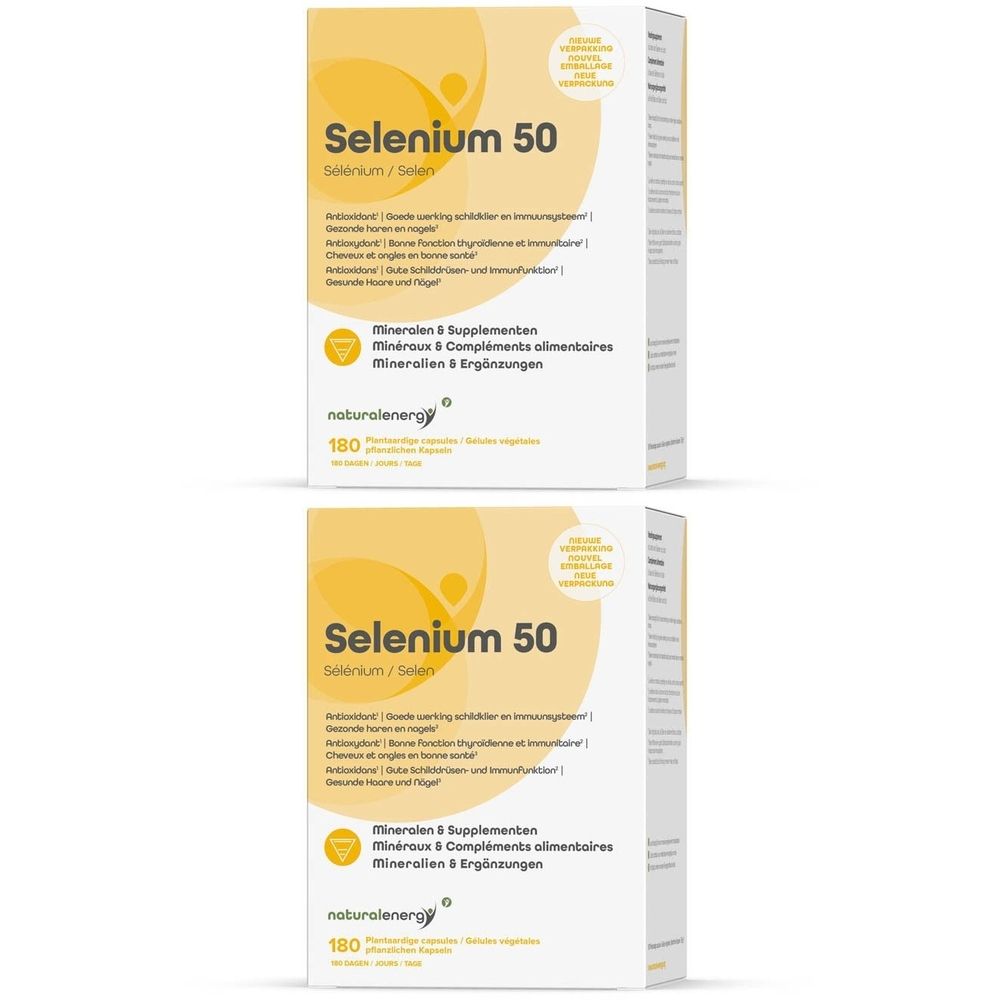Twee witte dozen met gele accenten. Opschrift: Selenium 50, naturalenergy. Mineralen & Supplementen. 180 capsules.