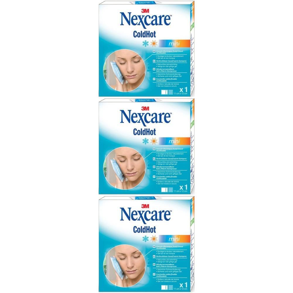 Drie verpakkingen Nexcare ColdHot Therapy Pack mini. Witte verpakking met productafbeelding en logo.