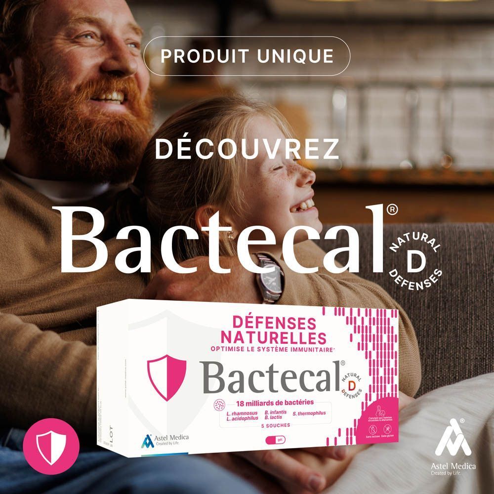 Boîte de Bactecal D avec 18 milliards de bactéries pour les défenses naturelles.