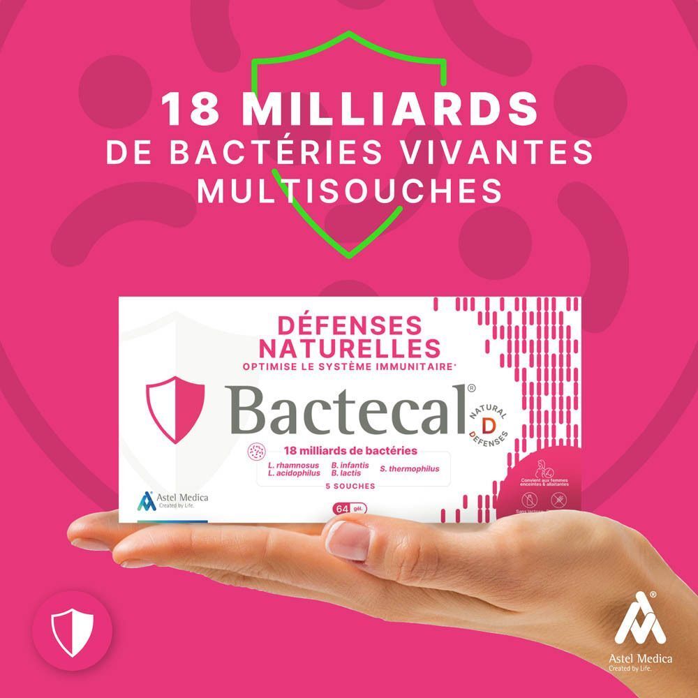 Bactecal D sur un support en bois, promu pour la flore intestinale et le système immunitaire.