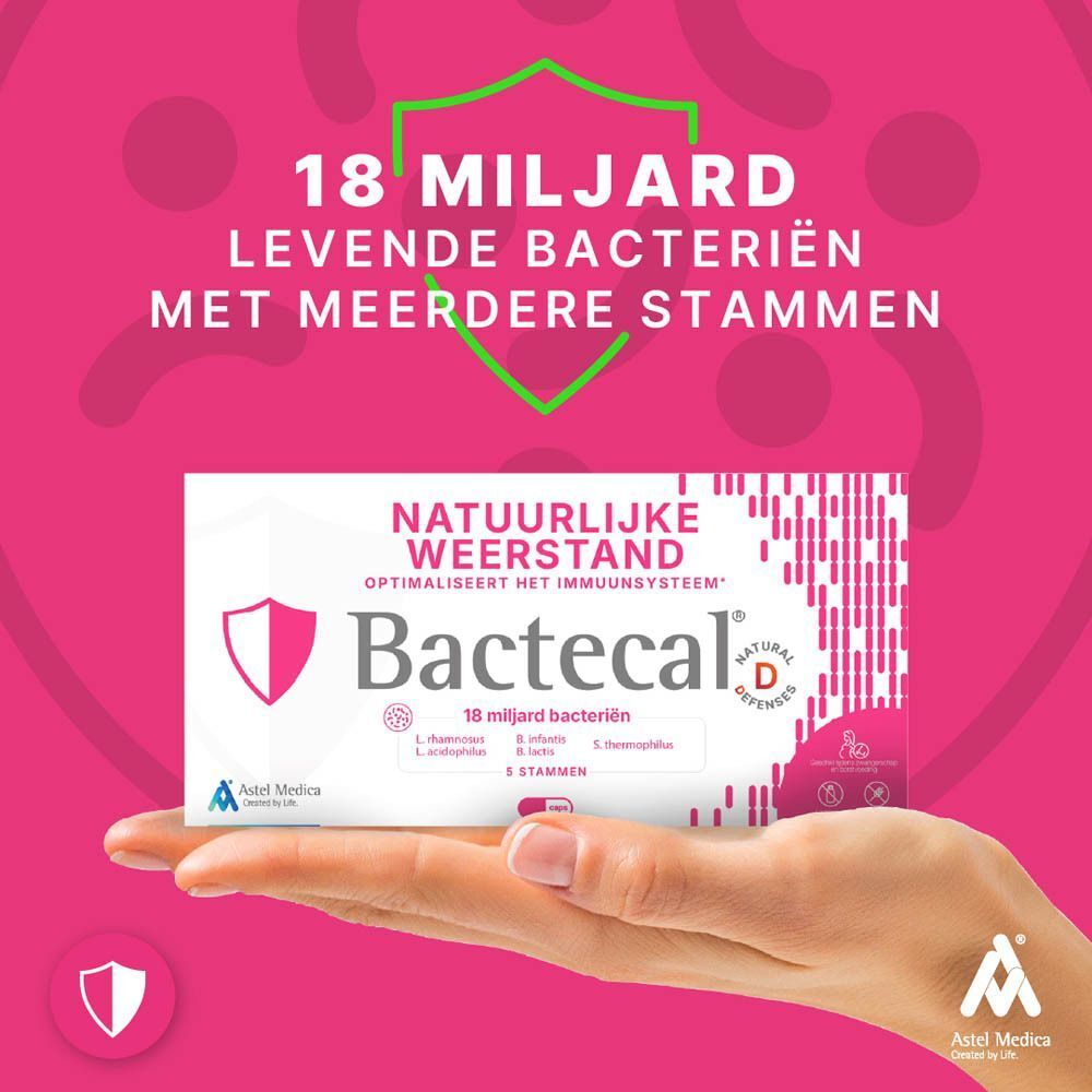 Bactecal D op een houten standaard, gepromoot voor darmflora en immuunsysteem.