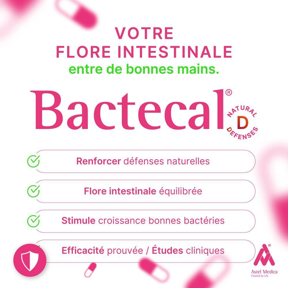 Main tenant Bactecal D, promu avec 18 milliards de bactéries pour les défenses naturelles.