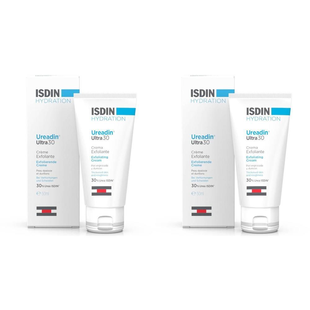 Deux tubes et boîtes de ISDIN Ureadin Ultra 30 Crème émolliente. Tubes blancs avec texte bleu, dans des boîtes blanches.