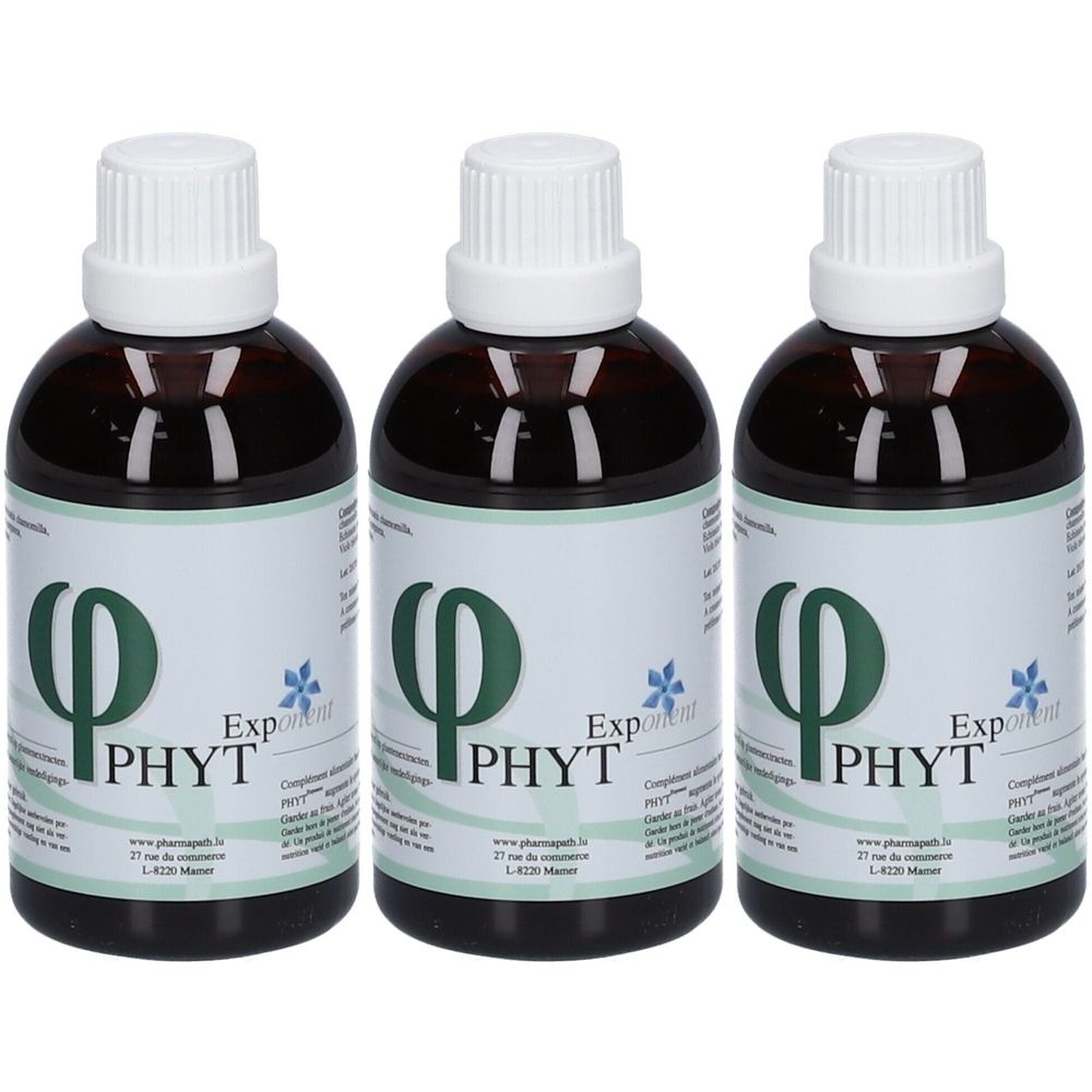 Drie bruine flessen met witte dop en etiket. Op het etiket staat « PHYT Exponent ».