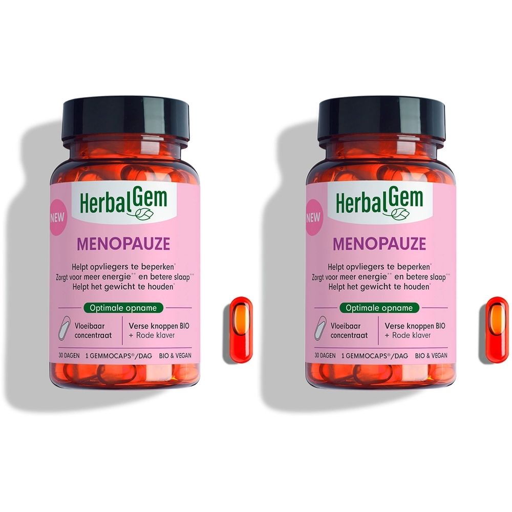 Twee flessen met capsules. Opschrift: HerbalGem Ménopause. Eén capsule ernaast. Roze etiket, zwarte deksel.