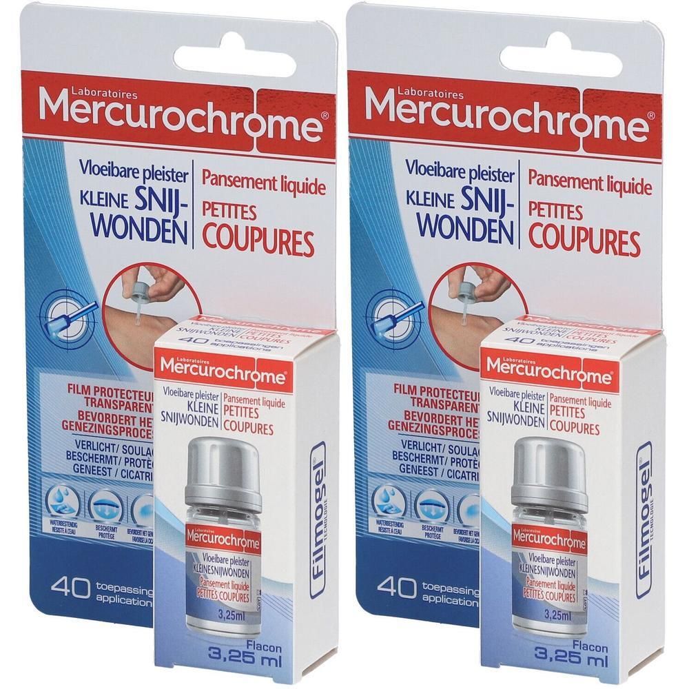 Deux emballages de Mercurochrome, pansement liquide pour petites coupures. Flacon et emballage avec informations produit.