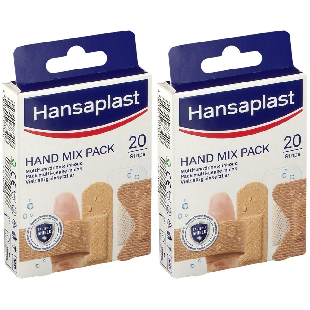 Twee verpakkingen Hansaplast Hand Mix Pack met 20 pleisters. Opschrift: Multifunctionele inhoud, Pack multi-usage mains, Vielseitig einsetzbar.