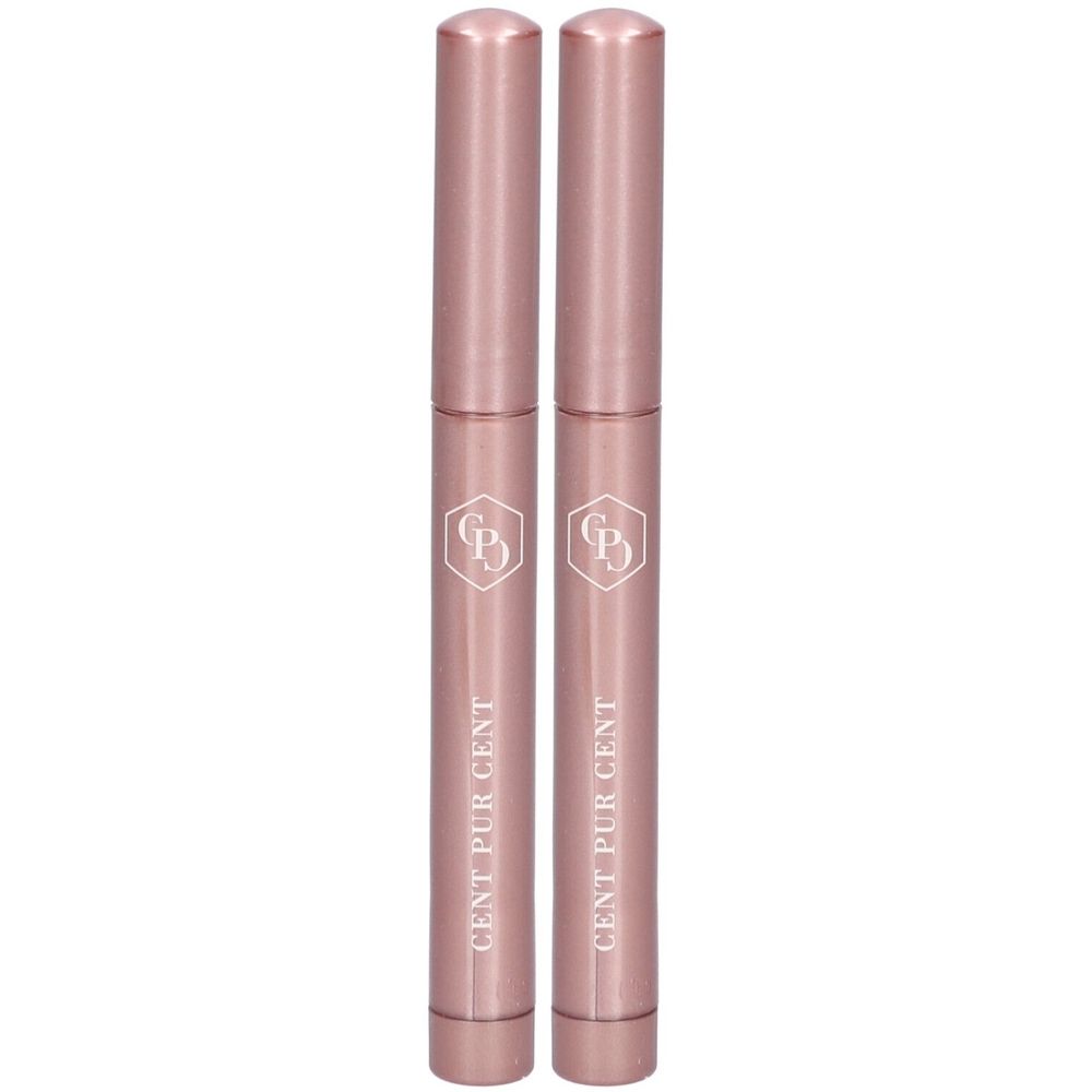 Twee roze gouden cilindervormige sticks. Opschrift: CENT PUR CENT. Logo: CP met een gestileerde diamant.