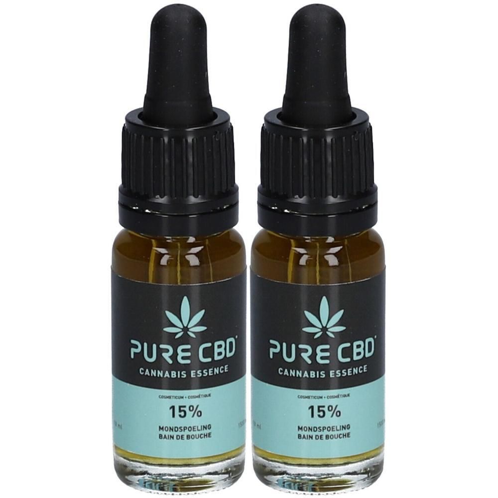 Deux flacons avec bouchon noir et pipette. Inscription : Pure CBD Cannabis Essence 15%.