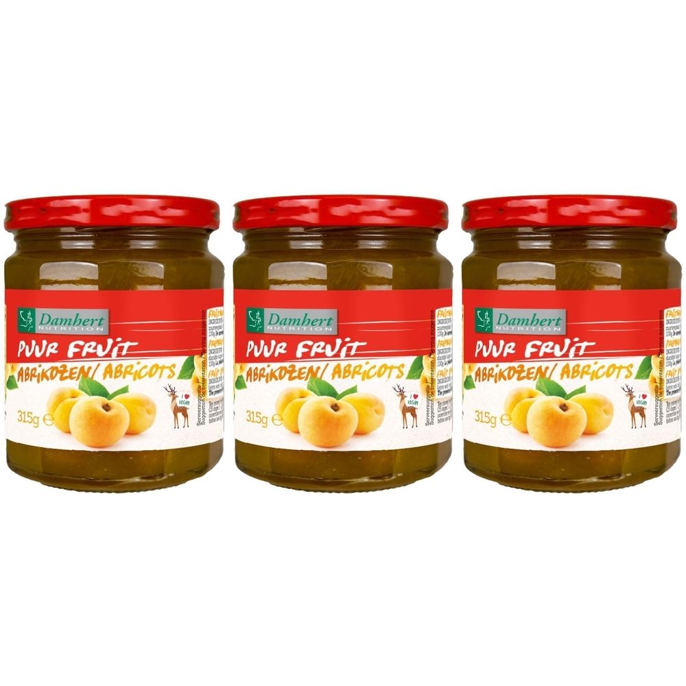 Drie potten confituur met rode deksels. Opschrift: Damhert Puur Fruit Abrikozen/Abricots. Illustratie van abrikozen.