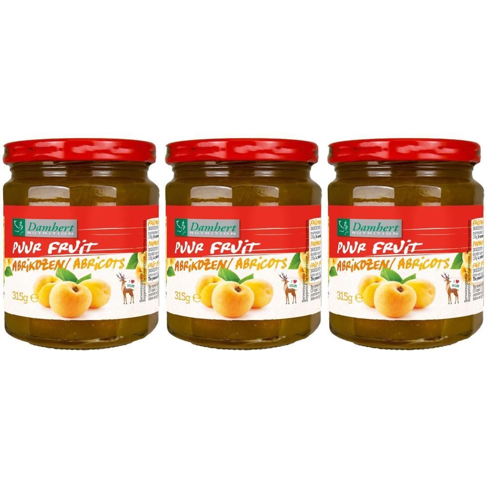 Drie potten confituur met rode deksels. Opschrift: Puur Fruit, Abrikozen/Abricots. Afbeelding van abrikozen.