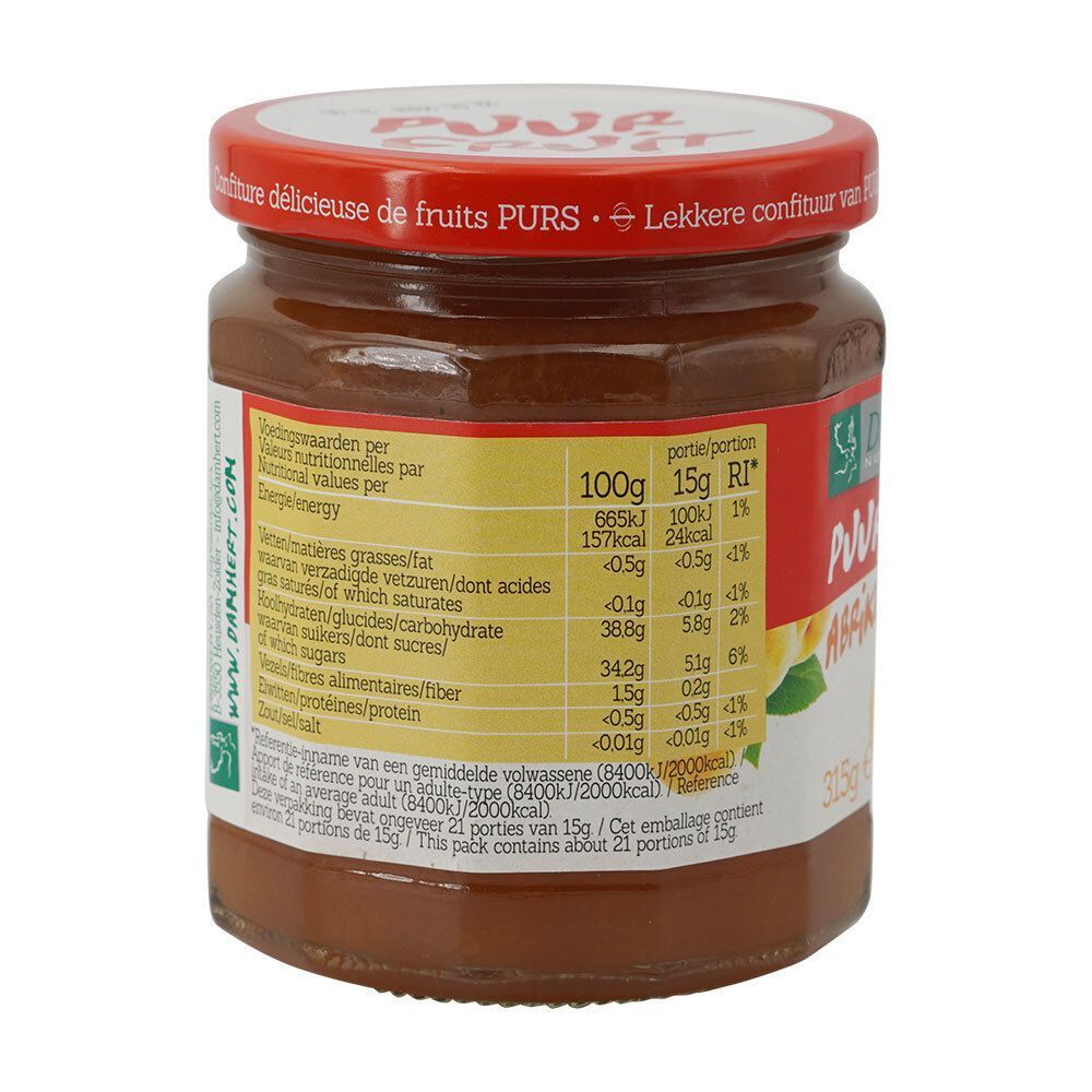 Pot confituur met rode deksel. Achterkant met voedingswaarde en ingrediëntenlijst. Opschrift: Puur Fruit, Abrikozen/Abricots.