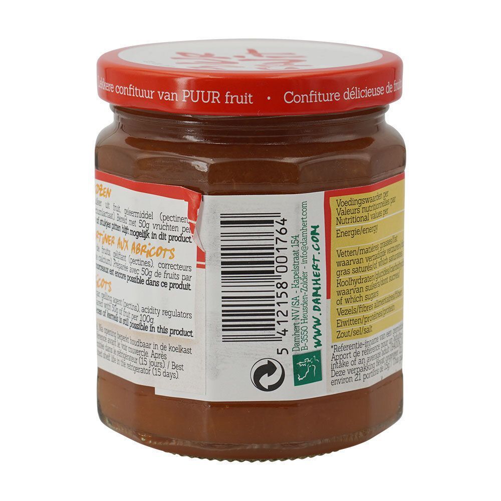 Pot confituur met rode deksel. Achterkant met barcode en informatie. Opschrift: Puur Fruit, Abrikozen/Abricots.