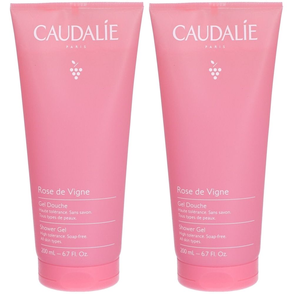 Deux tubes de gel douche roses. Inscription: CAUDALIE, Rose de Vigne, Gel Douche. 200 ml. Sans savon. Tous types de peaux.