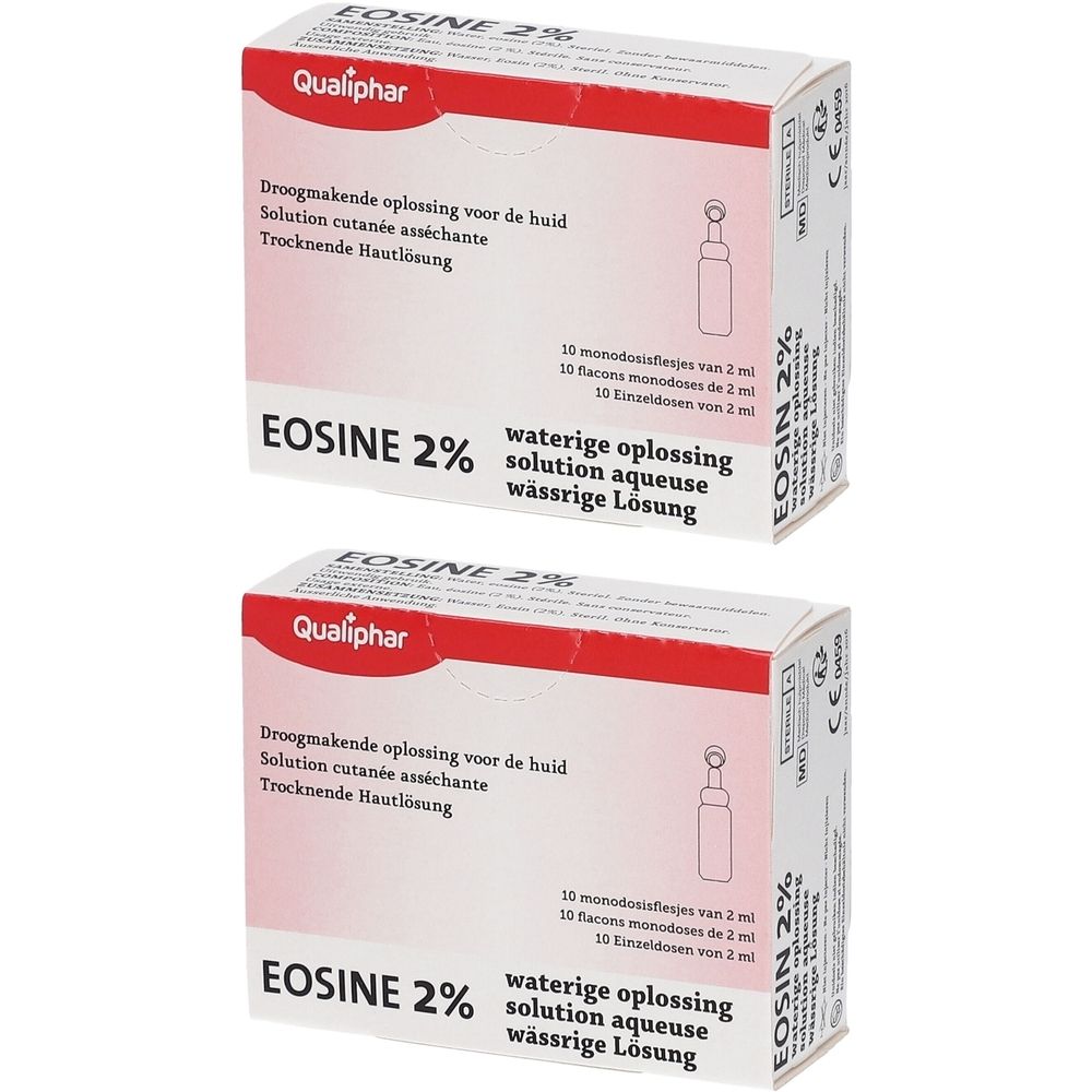 Twee dozen Eosine 2% van Qualiphar. Meertalige opschriften. Bevat 10 monodosis flesjes.